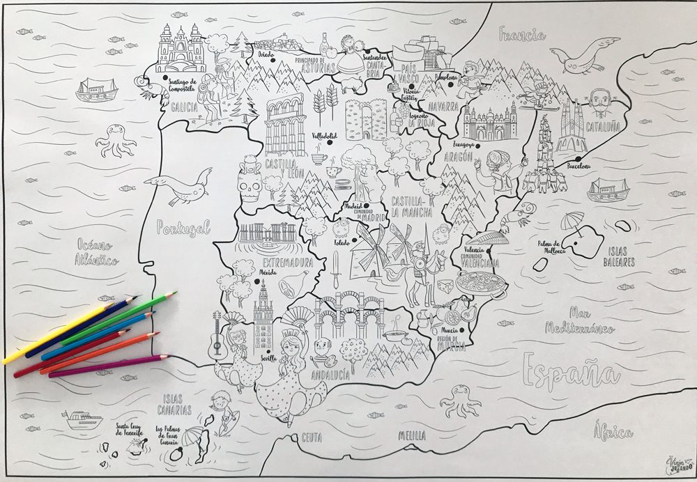Un mapa de España para colorear, aprender y viajar